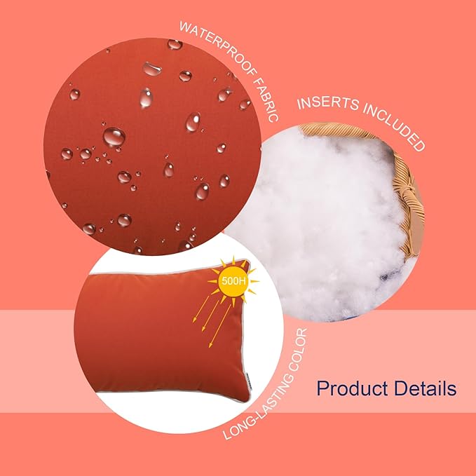 Pack of 2 Patio Lumbar Pillows, 12"x20" Fade Resistant Outdoor Waterproof Lumbar Pillow with Inners, Decorative Garden Lumbar Cushions for Home Patio Terrace Sofa Use