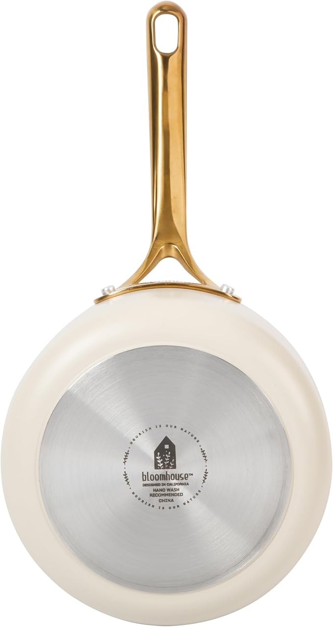 bloomhouse 8 Inch Heavy Duty Aluminum Premium PFA Free Ceramic Nonstick Saute/Deep Frying Pan Skillet - Almond Cream w/Gold Handle