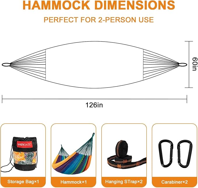 Lazy Daze Hammocks Handwoven Mayan Hammock, 10.5 FT Soft Rope Double Hammocks, Portable Outdoor Hammock with Carry Bag, 2 Straps & carabiners for Patio Outside, 550 lbs Weight Capacity, Multi Color