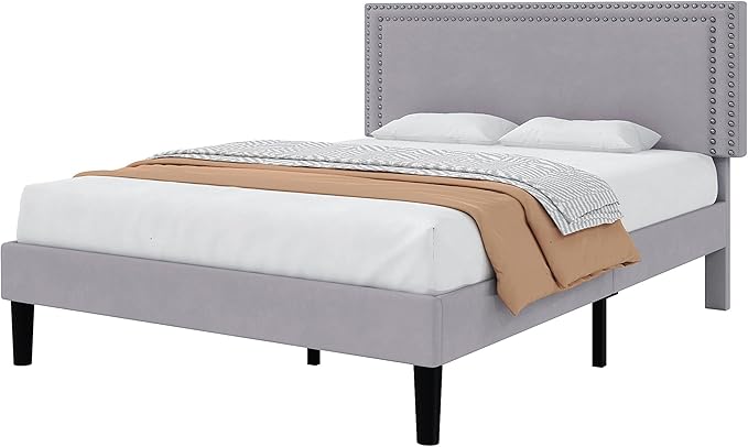 VECELO Queen Size Bed Frame with Adjustable Upholstered Headboard, Wooden Slats Platform, Noise-Free Design, No Box Spring Needed, Easy Assembly