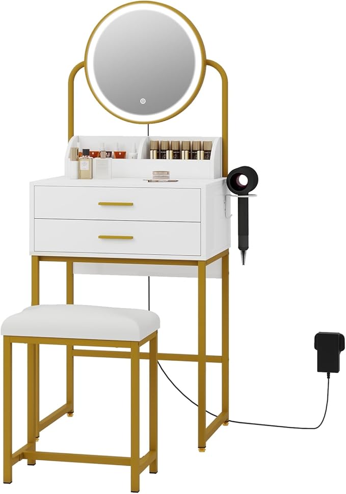 ARTETHYS Small Vanity Desk with Mirror and Lights White Compact Makeup Vanity with Chair Modern Space-Saving Dressing Table with Drawer for Small Bedroom, Apartment