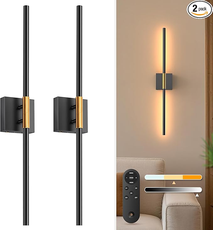 NIORSUN 28 Inch Battery Operated Wall Sconce Set of 2, Black-Gold Rechargeable Wall Lights with DIY Independently Rotatable Tube, 3CCT Dimmable Wireless Wall Sconces for Living Room Bedroom Hallway