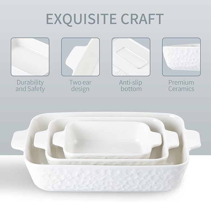 YUN TAO Casserole Plates for Oven Ceramic Baking Pan Ceramic Baking Pan Rectangular Bakeware Pan with Handle for Baking Cake Kitchen Cake Dinner Set of 3 (3 Pieces, White)