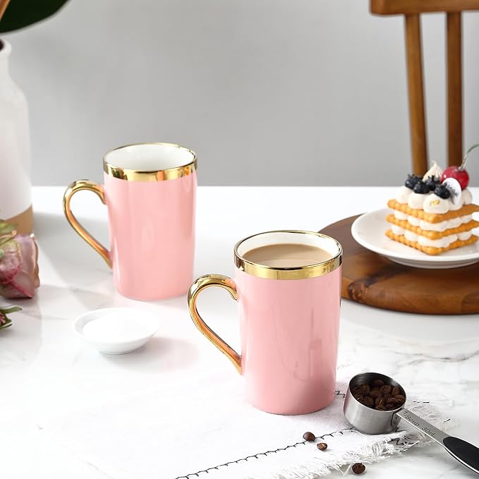 Coffee Mugs,12OZ Ceramic Coffee Mugs Set of 6,Cups with Large Handles for Men Women, Porcelain Big Mug for Tea Latte, Housewarming Wedding Gifts(pink and gold)