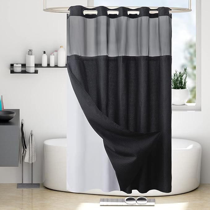 No Hook Hotel Shower Curtain with Detachable Liner,Heavy Duty Waffle Weave Textured Fabric Bathroom Curtain with See Through Window,Waterproof & Machine Washable,Black,71x78 Inch
