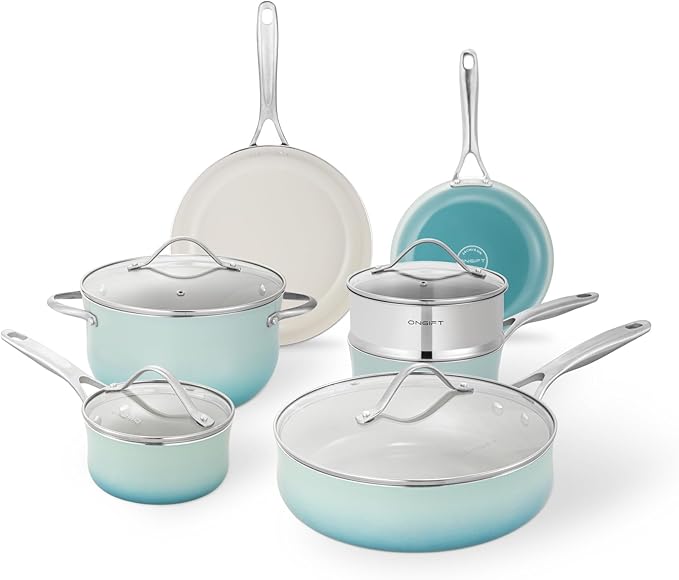 Kitchen Pots and Pans Set Non Stick, 11 Pcs Ceramic Cookware Set with Stay-Cool Handle, Pot and Pan Set NonToxic PFOA/PFAS Free, Dishwasher/Oven Safe, Evenly Heats, Enamel Exterior - Teal