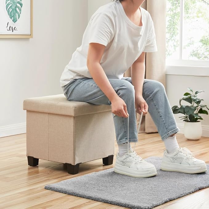 Ornavo Home 15 Inch Folding Storage Ottoman with Storage, Square Cube Linen Small Storage Ottoman Foot Rest Stool with Legs - Beige