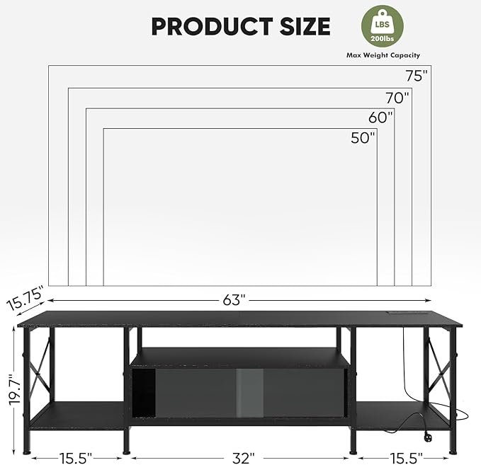 TV Stand, 63 Inch TV Stand for 50"-75" TV, Entertainment Center with Power Outlets & Open Storage Shelves, TV Media Console for Living Room, Bedroom, Black