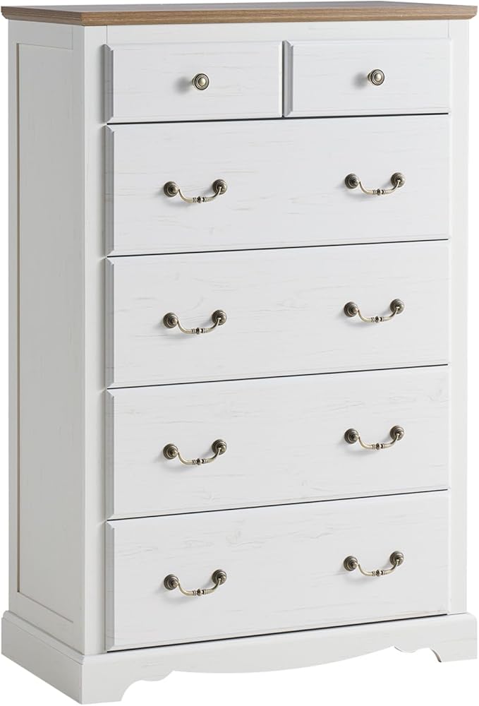 AMERLIFE Farmhouse 6 Drawers Dresser for Bedroom, Wood Antique Chest of Drawers with Metal Handle, Tall Dresser Organizer for Hallway, Entryway, White+Barnwood