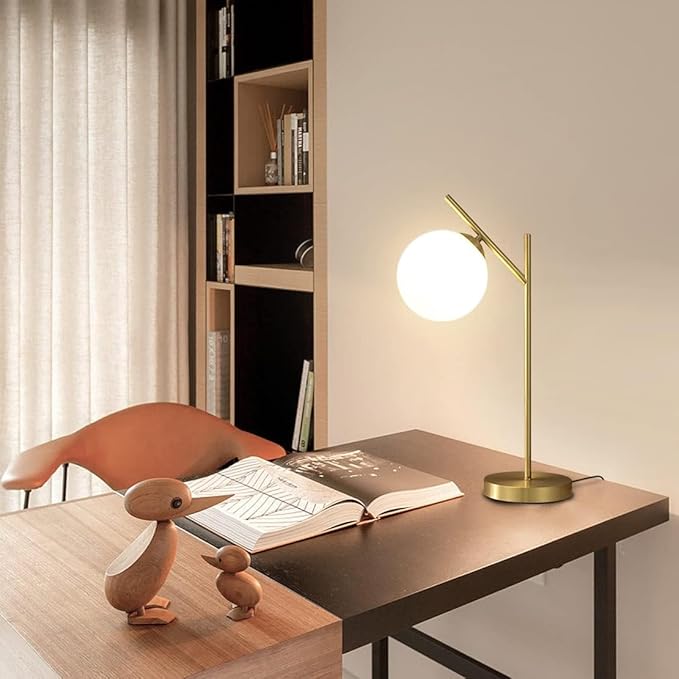 Globe Table Lamp Set of 2, Brass Glass Globe Desk Lamp with Milky White Glass Shade, Contemporary Metal Bedside lamp for Bedroom Living Room Study Room