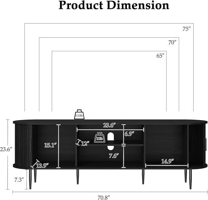 ARTPOWER 70" Modern TV Stand with Tambour Door for TVs up to 80", Entertainment Center with Storage, Fluted Television Consoles for Living Room, Black