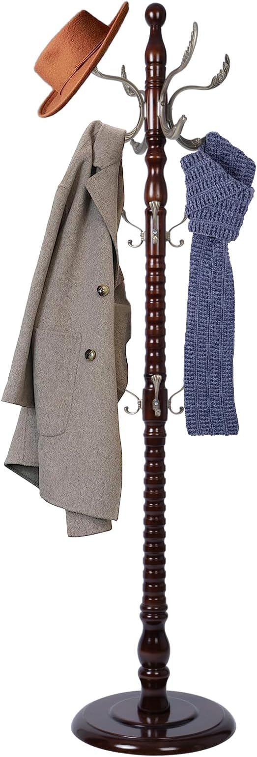 73 in Wood Coat Rack, Coat Rack Freestanding with Stable Round Base, Adjustable Height Tree Coat Racks Stand for Home Bedroom Office Hallway Entryway (Fenghuang Gou Rosewood)