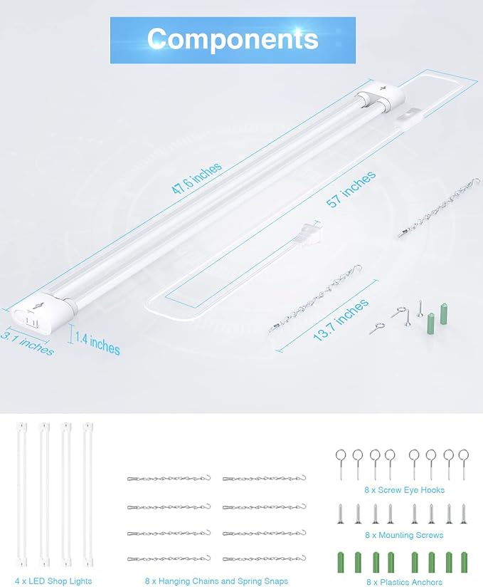Ensenior 4 Pack Linkable Led Shop Light 4ft for Garage, 4400 High Lumens, 36W Equivalent 280W, 5000K Daylight, 48 Inch Utility Surface or Hanging Mount Fixtures, White, ETL Certified