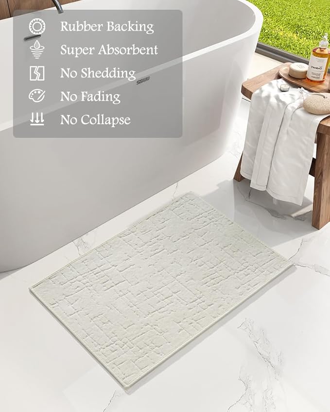 AMOAMI-Bath Mat-Absorbent Quick Dry Bathroom Floor Mats-Washable Rubber Backing Bath Mats for Bathroom Rugs Fit Under Door-Bath Rug for in Front of Sink Bathtub Shower Room, Cream 17''x24''