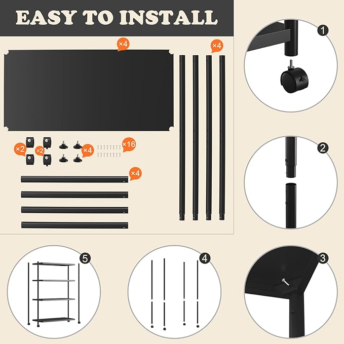 ZZL 4 Tier Bookshelf 31.49" Width,Book Organizers and Storage w/Wheels,Rustic Industrial Book Shelves for Home Office,Bedroom,School,Living Room(Black)