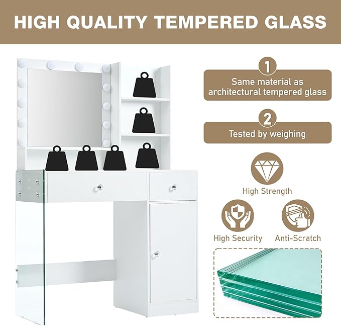 Vanity Desk with Mirror and Lights, Makeup Vanity Table and Chair Set with Power Outlet, 3 Color Modes Adjustable Brightness White Vanity, Dressing Table for Bedroom