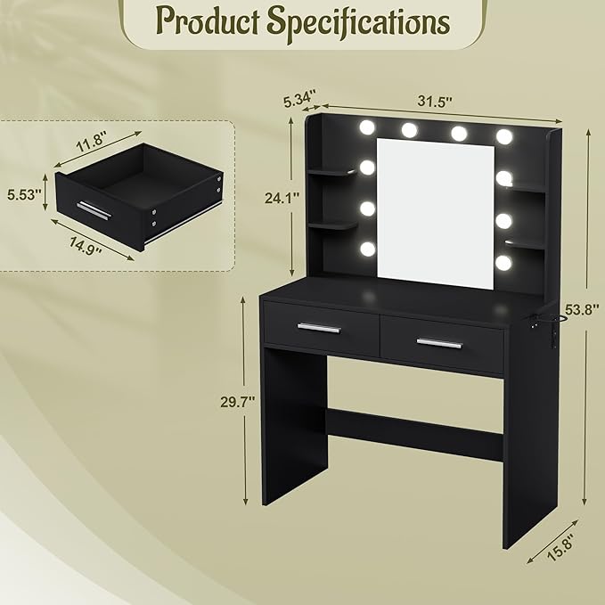 YESHOMY Vanity Desk with Mirror, Makeup Table with 2 Large Drawers, Power Outlet and Round Holder, 3 Color Modes Adjustable Bulb, Pure Black