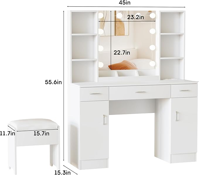 Makeup Vanity Table with Lighted Mirror & Outlets, Large Vanity Set Vanity Desk with Lots Storage, 3 Lighting Modes, Brightness Adjustable, 45inch