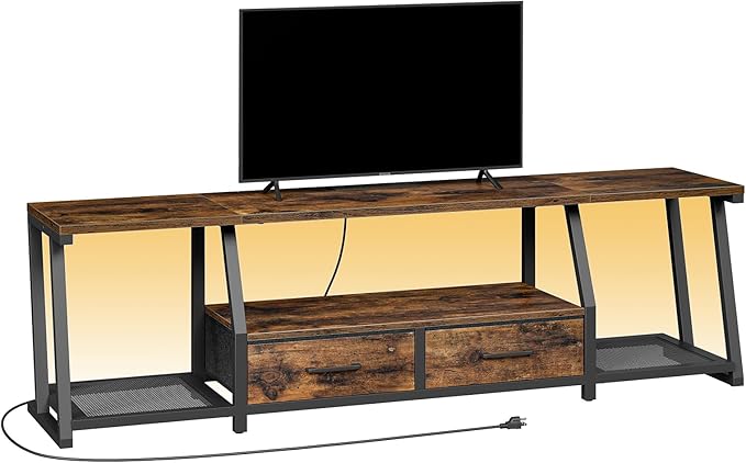 LED TV Stand with Fabric Drawers for 80 Inch TV, Entertainment Center with Power Outlets and Open Storage Shelves, Industrial Media TV Console Table for Living Room, Bedroom, Rustic Brown