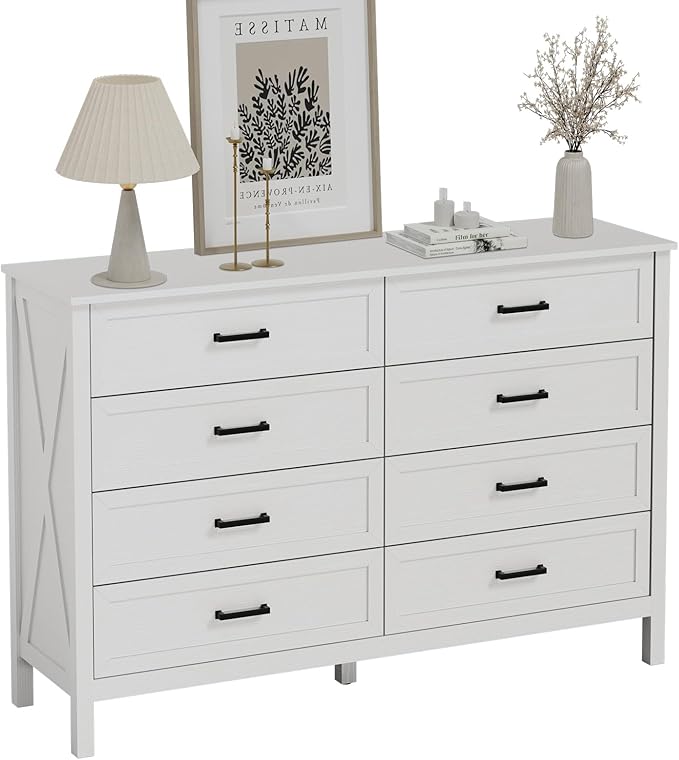 LYNSOM Farmhouse 8 Drawer Dresser for Bedroom, 55 Inch Wide Wood Rustic Chest of Drawers with X-Marking & Bar Handle, Large Storage Dressers Organizer for Bedroom, Living Room, White