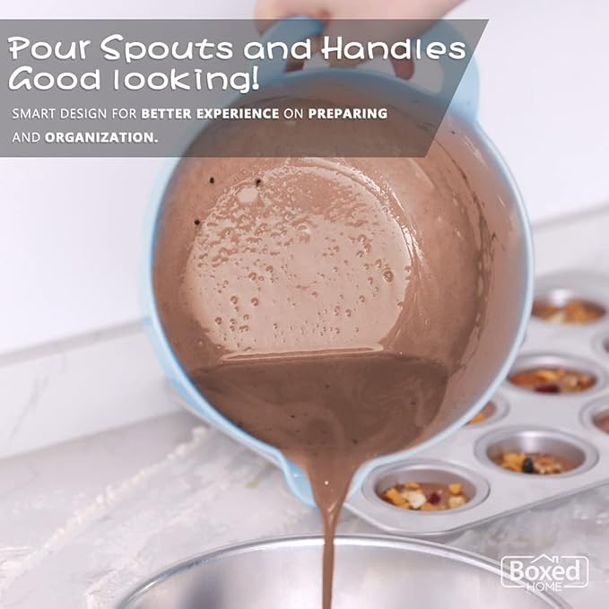 BoxedHome 4 Pack Nesting Mixing Bowls with Pour Spout and Handle, Plastic Large Mixing bowl BPA free Microwave & Dishwasher Safe(Blue, 4 Pack with Handle)