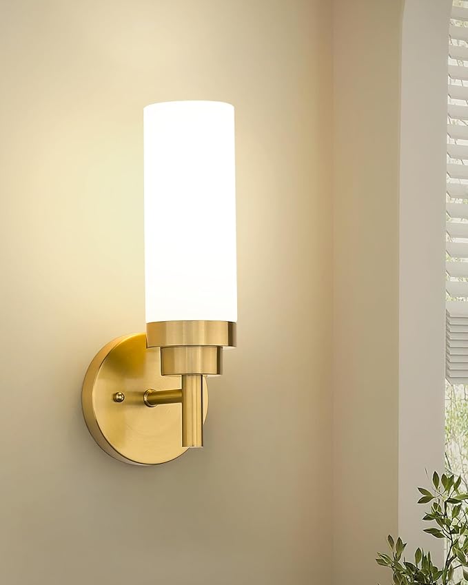 Emak Wall Sconces Set of 2, Modern Brushed Gold Bathroom Vanity Sconce Wall Lighting with Milk Glass Shade for Bathroom, Bedroom, Living Room, Hallway, WS085-BGD-ML-2PK