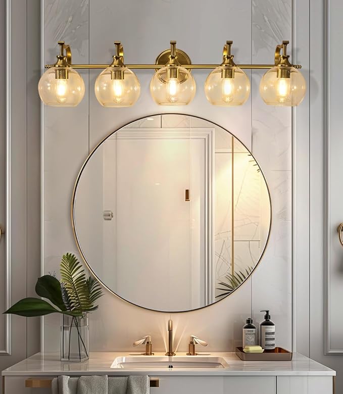 ANDY STAR Brushed Gold Bathroom Light Fixtures, 5-Light Vanity Lights for Mirror, 35 Inch Modern Wall Sconces Lighting with Globe Clear Shade Up or Down Wall Mounted for Bedroom, Living Room, Hallway