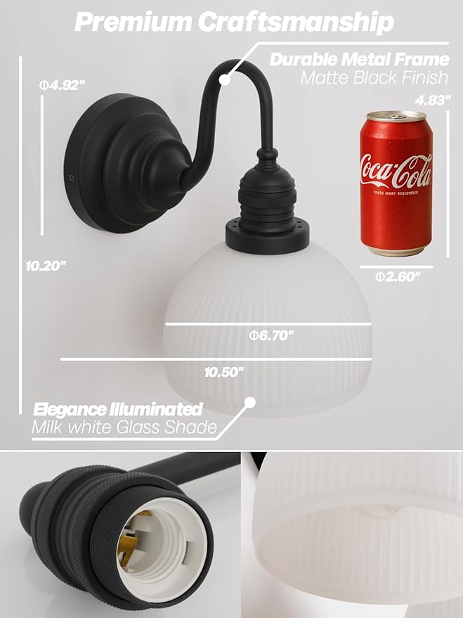 Vintage Wall Sconce Light, Black Bathroom Vanity Light with Striped Bowl Milk Glass Farmhouse Hardwire Wall Mounted Lamp for Bathroom Mirror Living Room Bedroom Kitchen E26 Indoor