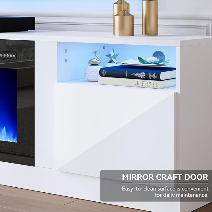 oneinmil 80” TV Stand with 36” Electric Fireplace, Large Modern Media Entertainment Center with Storage Cabinet and 12 Colors LED Lights for TVs Up to 90", White TV Stand and Black Fireplace