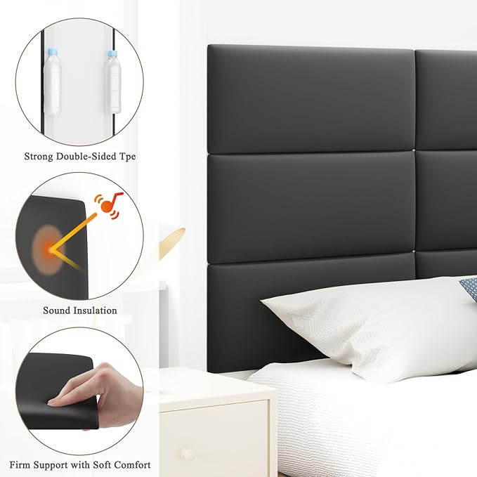 Upholstered Headboard for King Size Bed, Wall Mounted & Peel and Stick Headboard, Soundproof DIY Wall Panels, Leather Head Board in Modern Design for Bedroom (12 Panels, Each 23.62"x9.84"