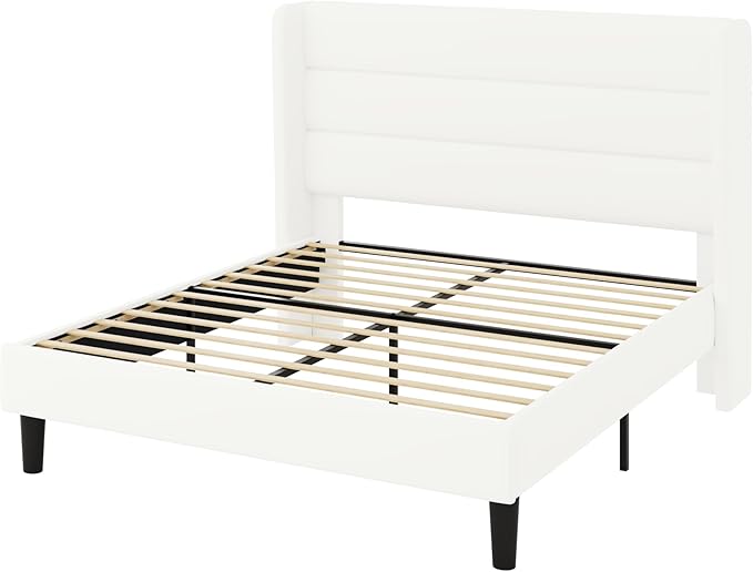 Allewie Full Size Platform Bed Frame with Velvet Upholstered Wingback Headboard, No Box Spring Needed, Under Bed Storage Space, Strong Wooden Slats, Modern Mattress Foundation, Easy Assembly, White