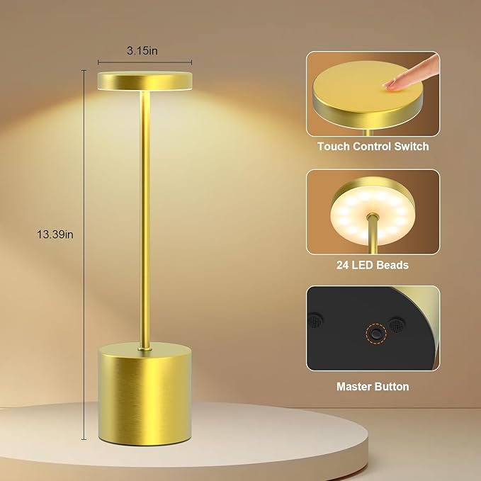 Rechargeable Table Lamp – 2 Pack Touch Lamps, Cordless Desk Lamp, 5000mAh Battery Operated Lamp with 3-Color Dimmable Light, Portable LED Lamp for Bedroom, Dining Room, Patio, Outdoor (Gold)