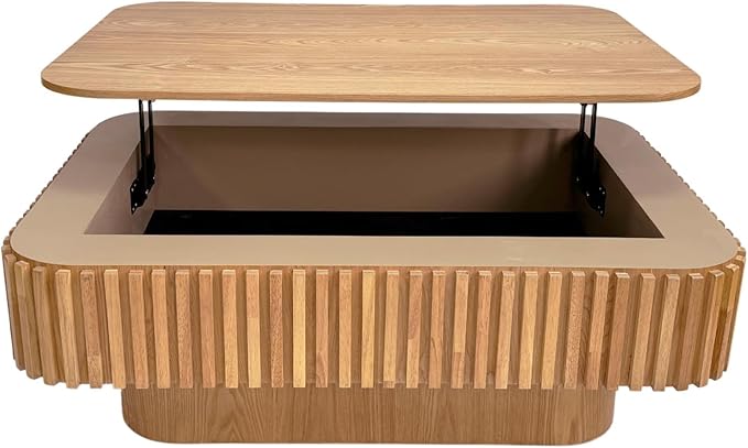 Lift Top Coffee Table for Living Room, Accent Fluted Coffee Table with Storage, Modern Solid Wood Veneered Rectangle Center Tea Table for Small Space Apartment (38.6''D×14''H-Natural)