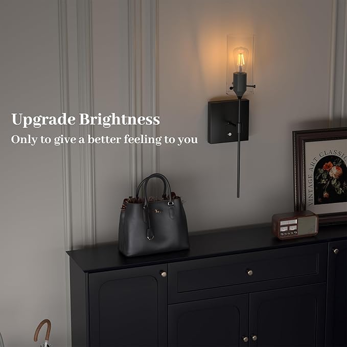 Battery Operated Wall Sconce with Remote Control, Dimmable Wall Lamp Set of 2 Rechargeable, Black Wireless Wall Mount Light for Living Room Bedroom Hallway Farmhouse, Bulb Included