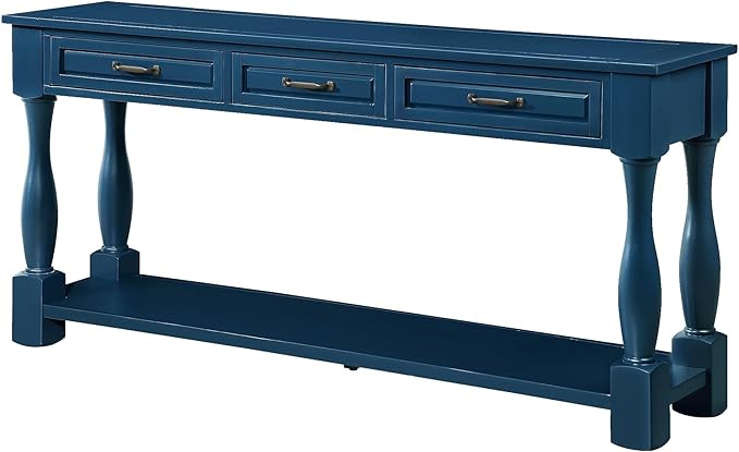 63inch Solid Wood Console Table with 3 Drawers and 1 Bottom Shelf Extra-Thick Sofa Table (Navy Blue)