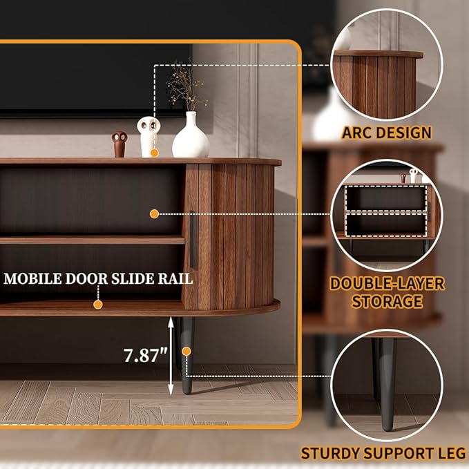55" Mid-Century Modern TV Stand with Sliding Door & Storage | Walnut Media Console for Living Room | Gaming Entertainment Center Cabinet for Bedroom/Office (55")