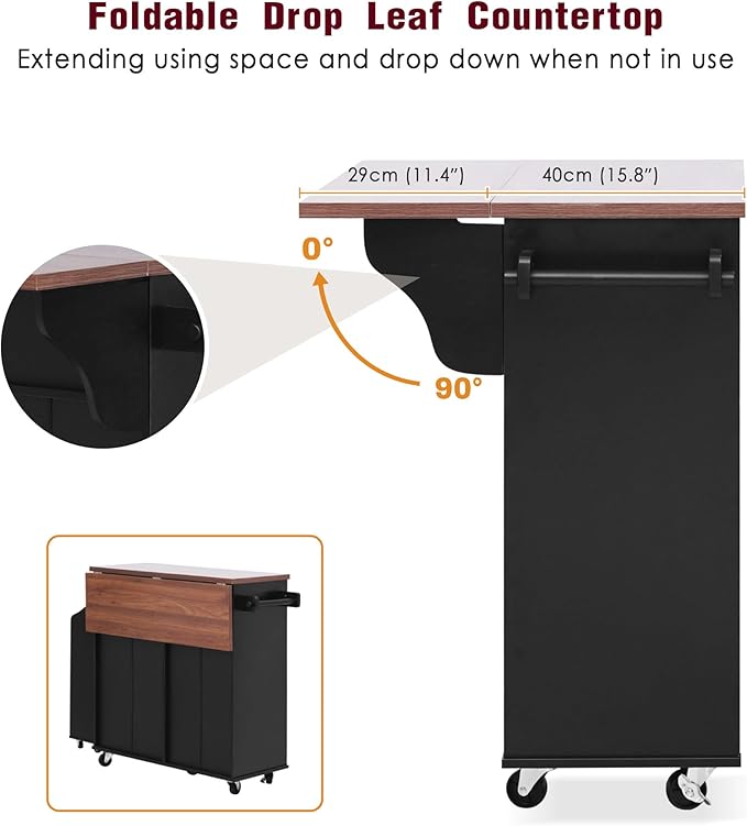 Farmhouse Kitchen Island with Drop Leaf & Wheels, 47.2" Rolling Kitchen Cart with Removable Side Racks, 2 Drawers, Towel Hooks & Trash Bin Cabinet for Small Space, Dining Room, Rustic Home Decor