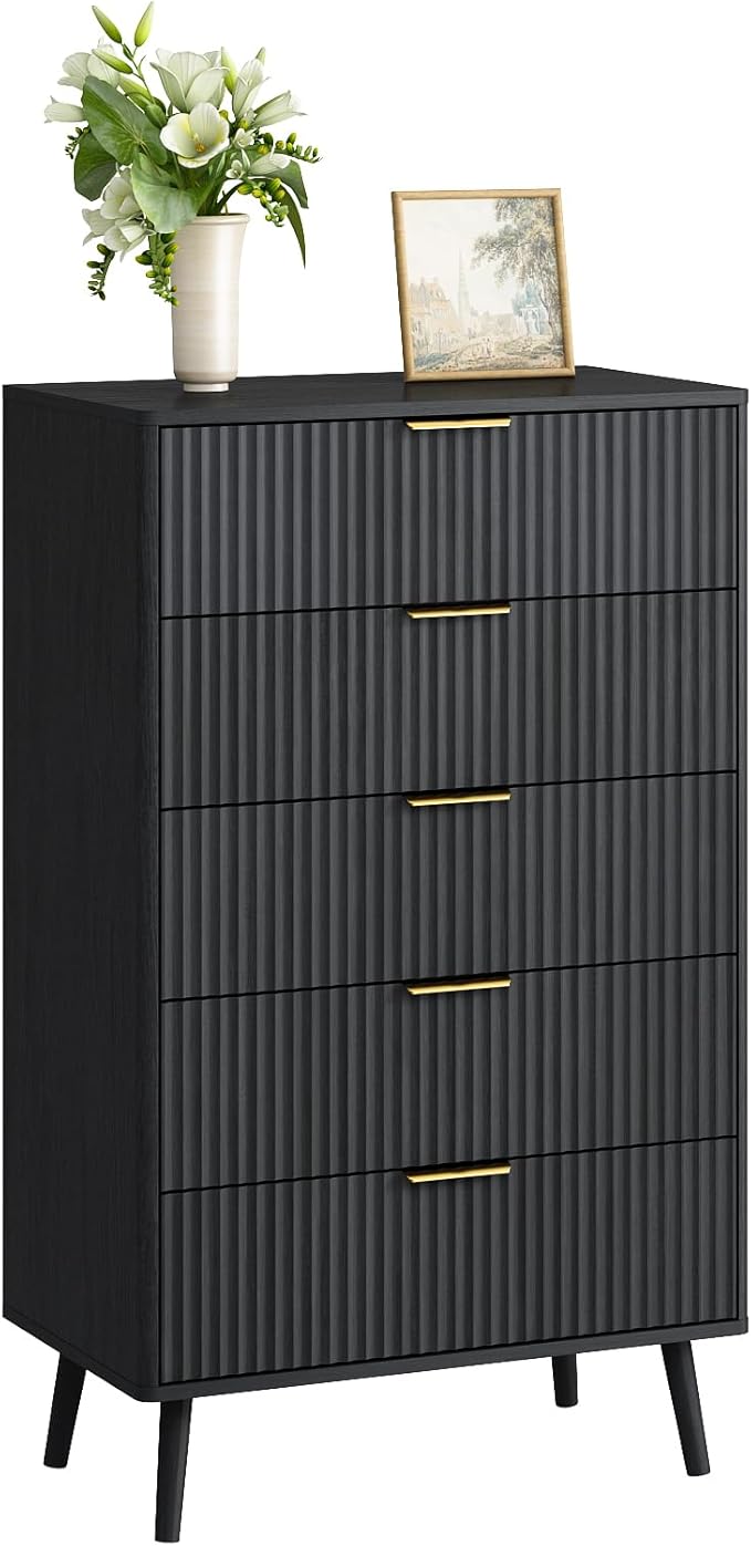 CARPETNAL Fluted 5 Drawers Dresser for Bedroom, 45”Tall Modern Chest of Drawers with Deep Drawers,Curved Profile Design, Wood Drawer Organizer for Living Room, Black