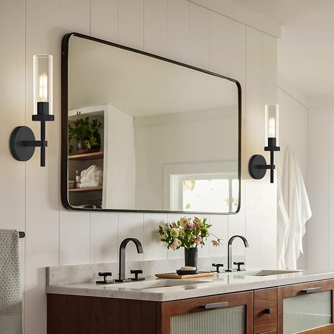 Black Wall Sconces Set of Two, 14" Bathroom Vanity Sconce Light, Glass Tube Wall Sconces, Sconces Wall Lighting Indoors, Wall Lights for Mirror, Living Room, Bedroom, Hallway (including bulb)