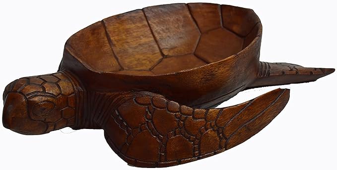 WorldBazzar Hand Carved Mahogany Wood Nautical Turtle Bowl, Brown, medium