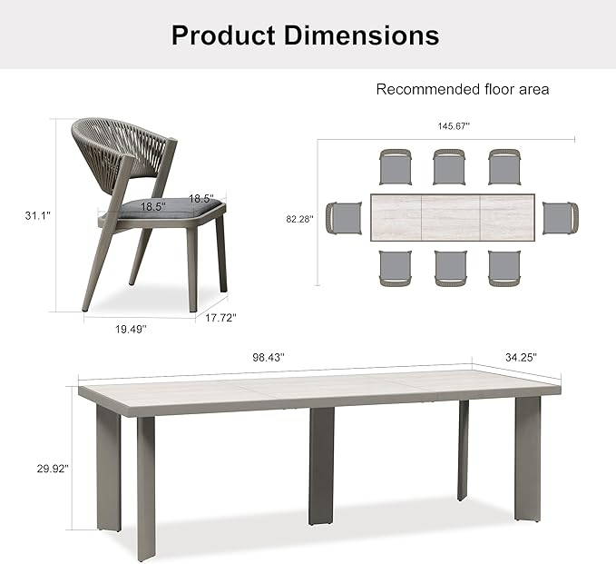 PURPLE LEAF 8-Piece Patio Dining Set Outdoor Furniture Rectangular Table and Chairs Set with Aluminum Frame and Wicker Rattan for Garden Deck Backyard Kitchen Gray Outdoor Set