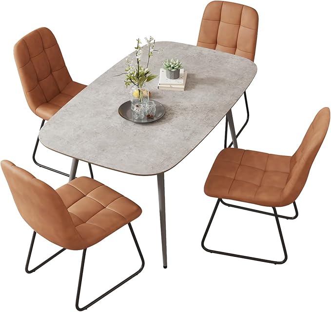 47.2'' Dining Table Set for 4,Modern Wood Dining Table,Leather Dining Chairs 4,Table and Chairs Set of 4,Ideal for Kitchen Dining Room (Gray Table + 4 U-Shaped Brown Chairs, 47.2")