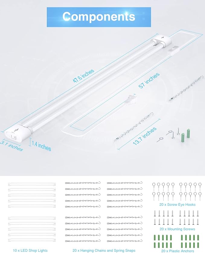 Ensenior 10 Pack Linkable Led Shop Light 4ft for Garage, 4400 High Lumens, 36W Equivalent 280W, 5000K Daylight, 48 Inch Utility shop led lights, Surface or Hanging Mount Fixtures, White, ETL Certified