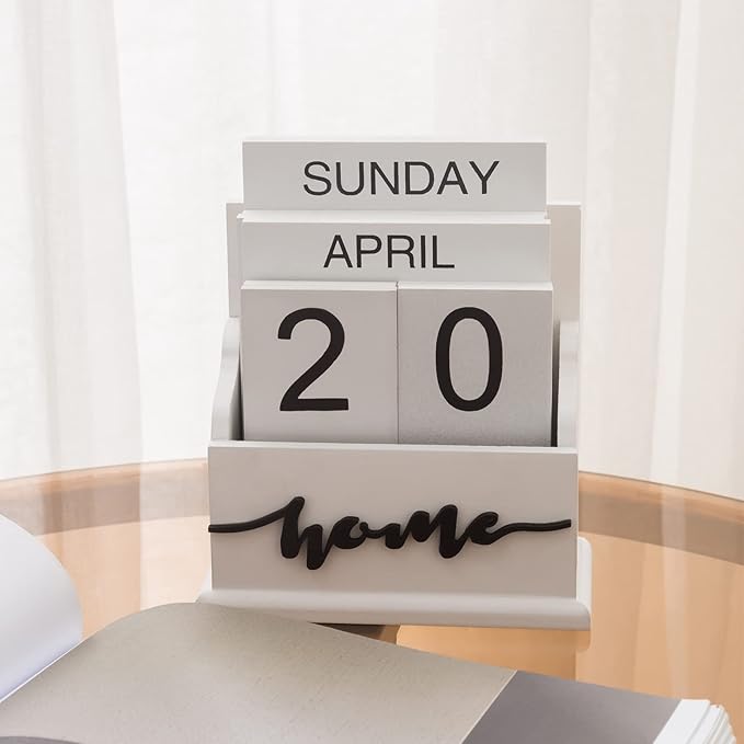 Desk Perpetual Block Calendar, Home Farmhouse Office Aesthetic Decor for Teachers, Students, Classroom Decoration Reusable Yearly, White Wood Daily Desktop Calendar Accessories