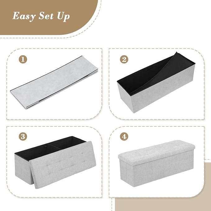 Athena Collection Ottoman Bench with Storage, 43 Inches Large End of Bed Storage Ottoman Bench, 130L Load 220 Lbs Linen Foot Rest for Bedroom, Living Room, Entyway, Light Gray