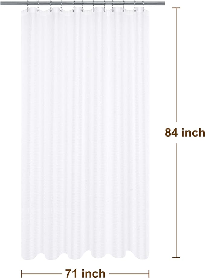 Extra Long Shower Curtain with 84 inch Height, Fabric, Waffle Weave, Hotel Luxury Spa, Water Repellent, Machine Washable, 230 GSM Heavy Duty, White Pique Pattern Decorative Bathroom Curtain