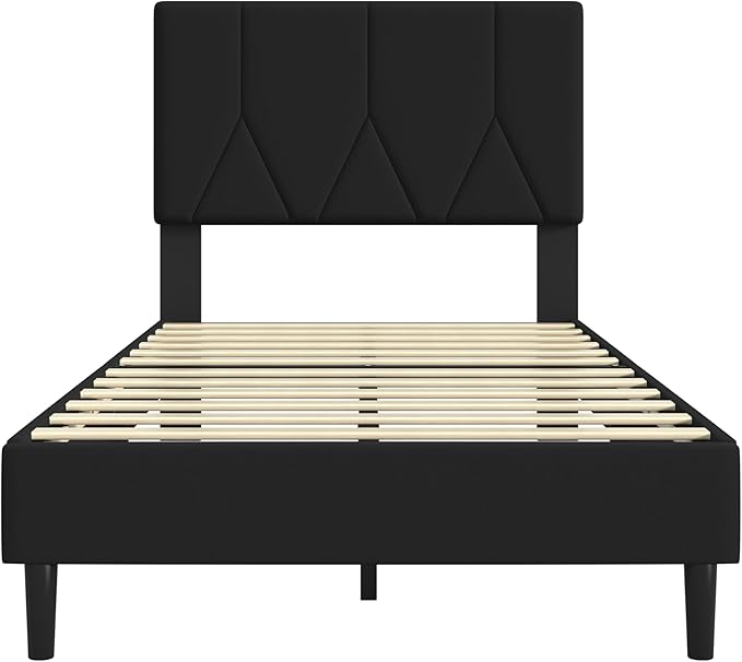 Twin Size Bed Frame, Platform Bed Frame with Velvet Upholstered Headboard, Twin Upholstered Mattress Foundation with Strong Wooden Slats, No Box Spring Needed, Noise Free, Easy Assembly