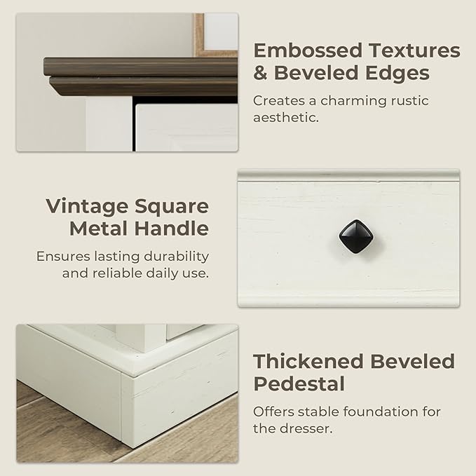 Farmhouse 8 Drawer Dresser for Bedroom, 54" Wide Wood Dresser with Natural Texture, Vintage Metal Double Hand Knobs, Rustic Chest of Drawers for Bedroom, Living Room, Hallway, Antique White