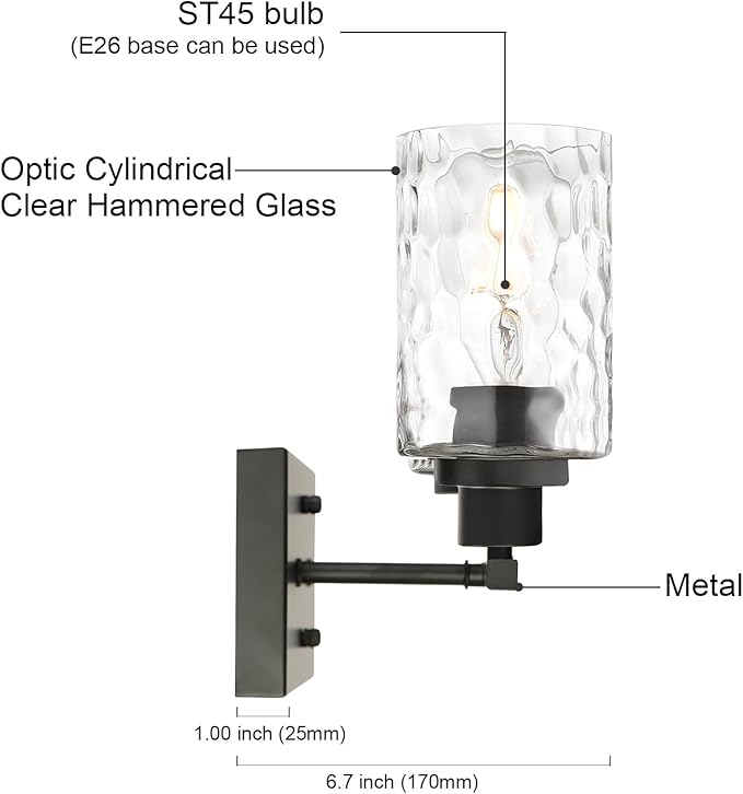MELUCEE 5-Light Bathroom Lighting Fixtures Over Mirror, Contemporary Black Vanity Light Industrial Wall Lamp with Clear Hammered Glass Shade (Patent No.: US D963914 S)