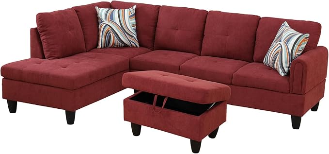 L-Shape 3-Piece Cloud Sofa, Couch for Living Room, Red Fluffy Fabric L-Shape with Reversible Chaise & Storage Ottoman, Ergonomic 110–115° Recline, Solid-Wood Frame